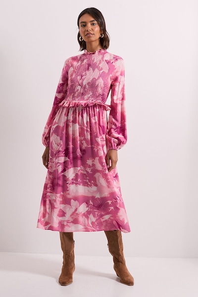 Dorothy Perkins Pink Floral Shirred Bodice Frill Detail Midi Dress Pink