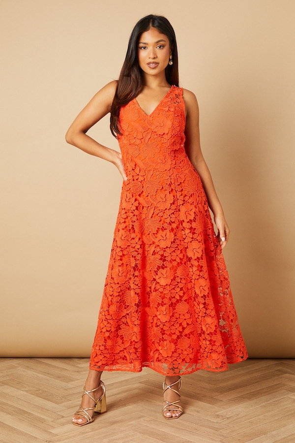 Oasis Petite Floral Lace V Neck Midi Dress Orange