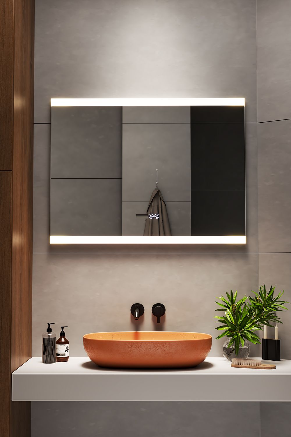 Living and Home Rectangular Frameless Anti-Fog LED Vanity Mirror with Clock image 1