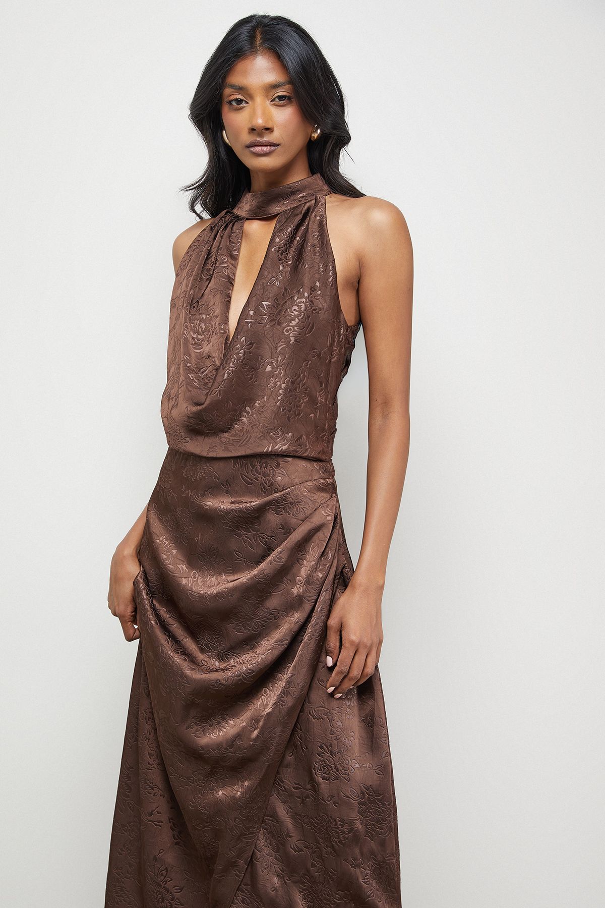 Warehouse Satin Jacquard Halter Keyhole Front Midi Dress Chocolate image 2