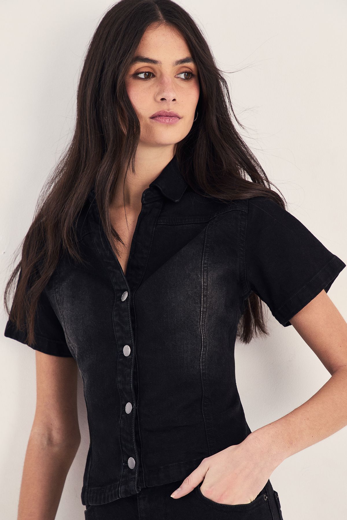 NastyGal The Sculpted Denim Shirt Washed Black