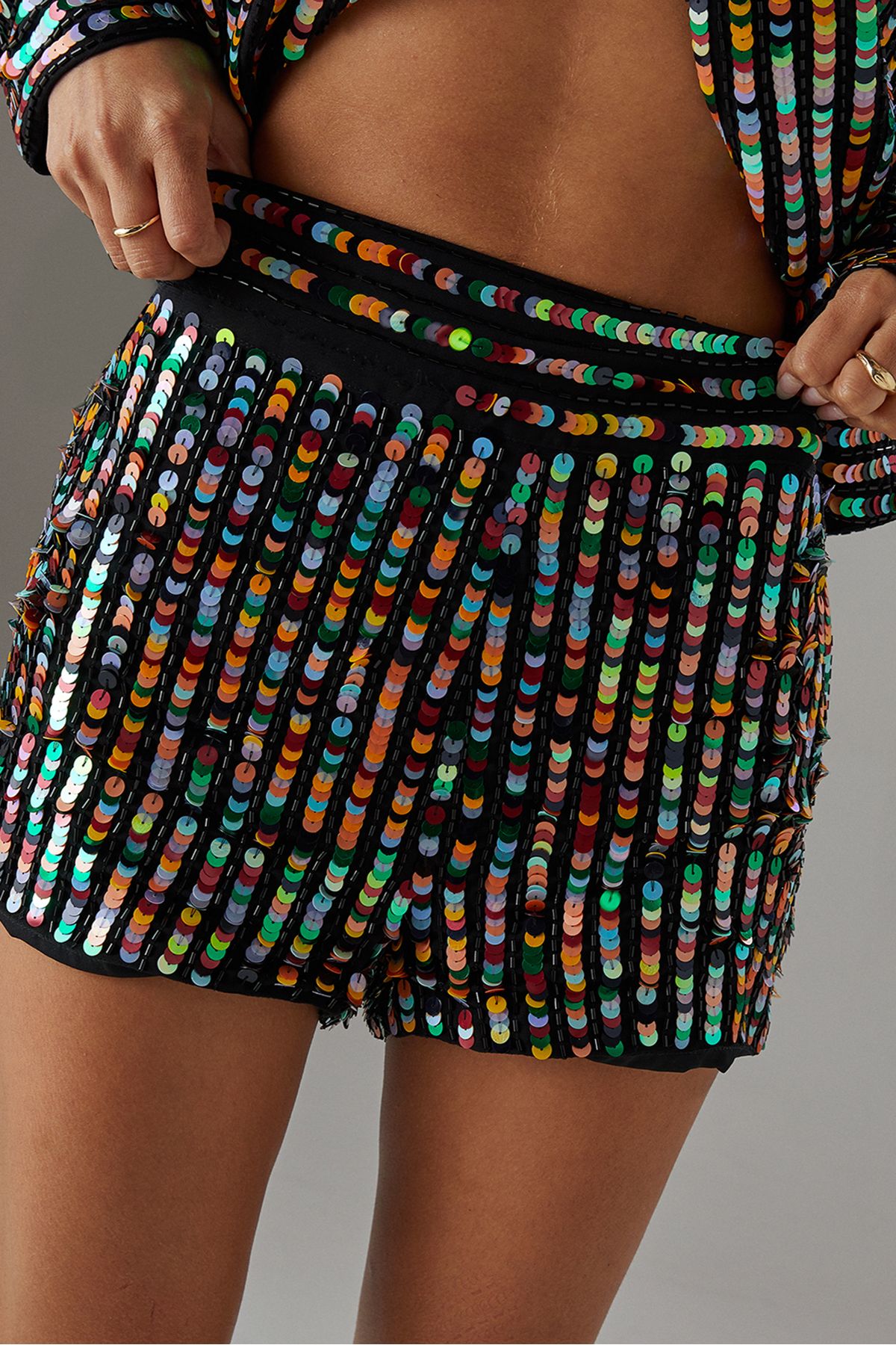 Warehouse Premium Hand Embellished Multicolour Sequin Hot Pant Shorts Multi image 4