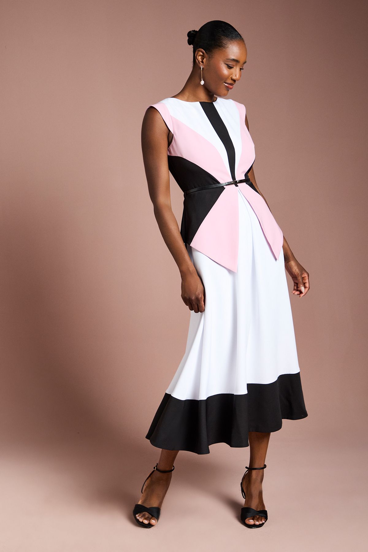 Coast Colour Block Belted Crepe Midi Dress Ivory