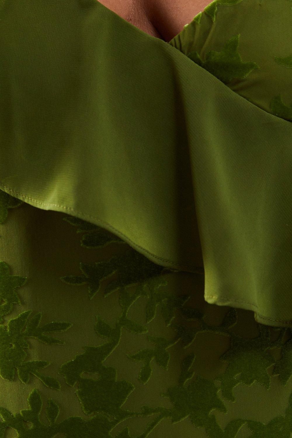 Warehouse Premium Velvet Chiffon Mix Frill Strappy Midaxi Dress Green image 5