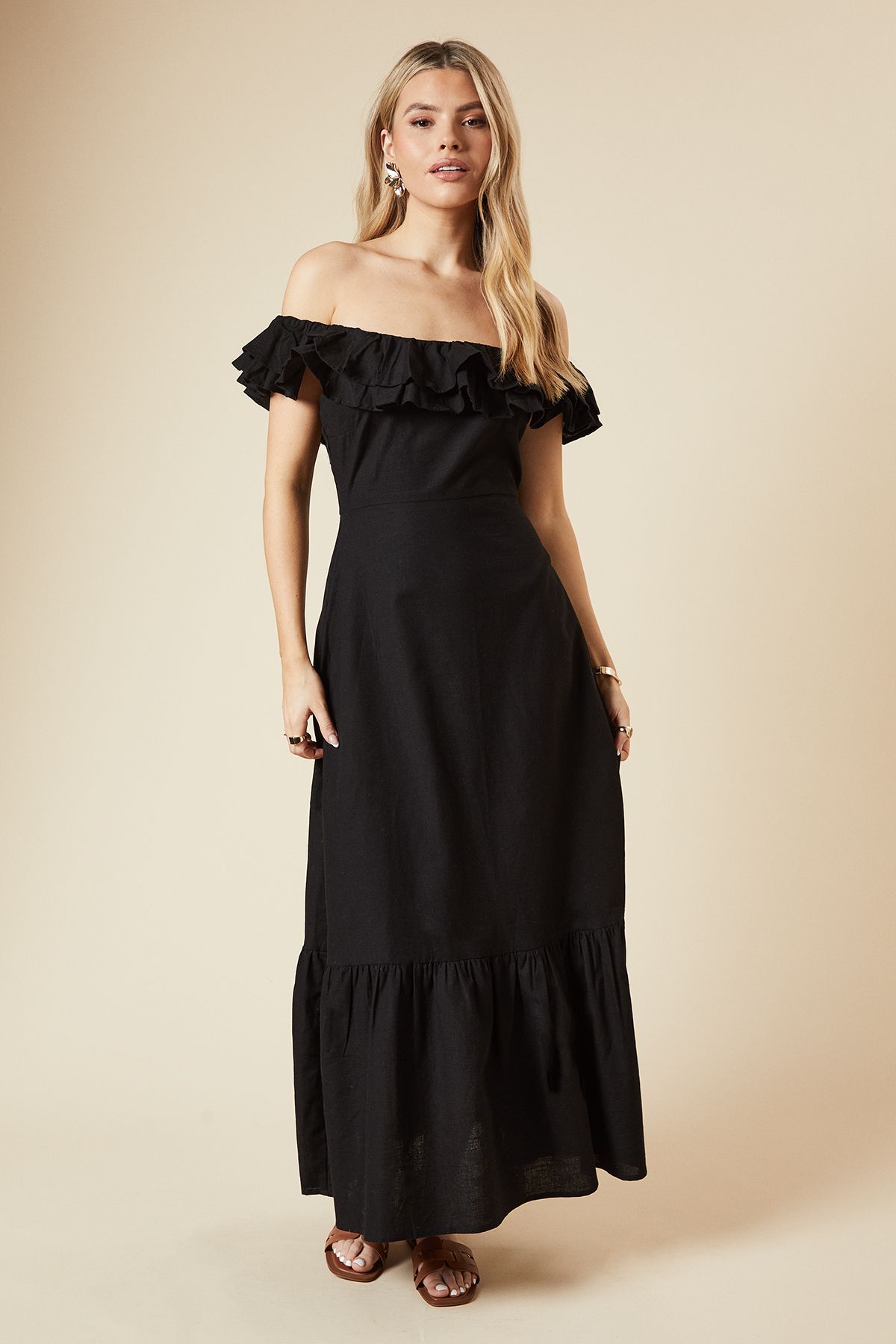Dorothy Perkins Ruffle Bardot Linen Midi Dress Black image 1