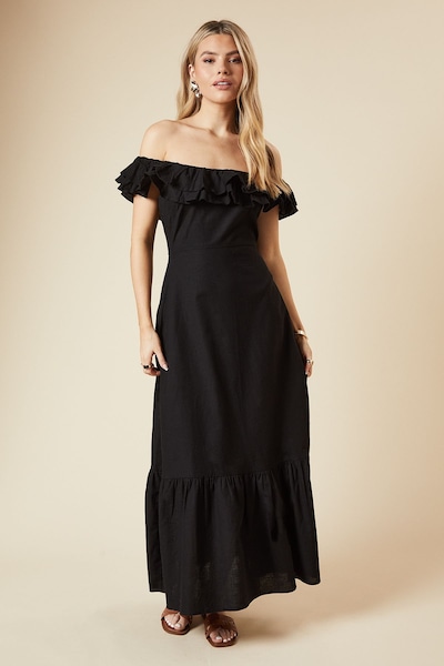 Dorothy Perkins Ruffle Bardot Linen Midi Dress Black