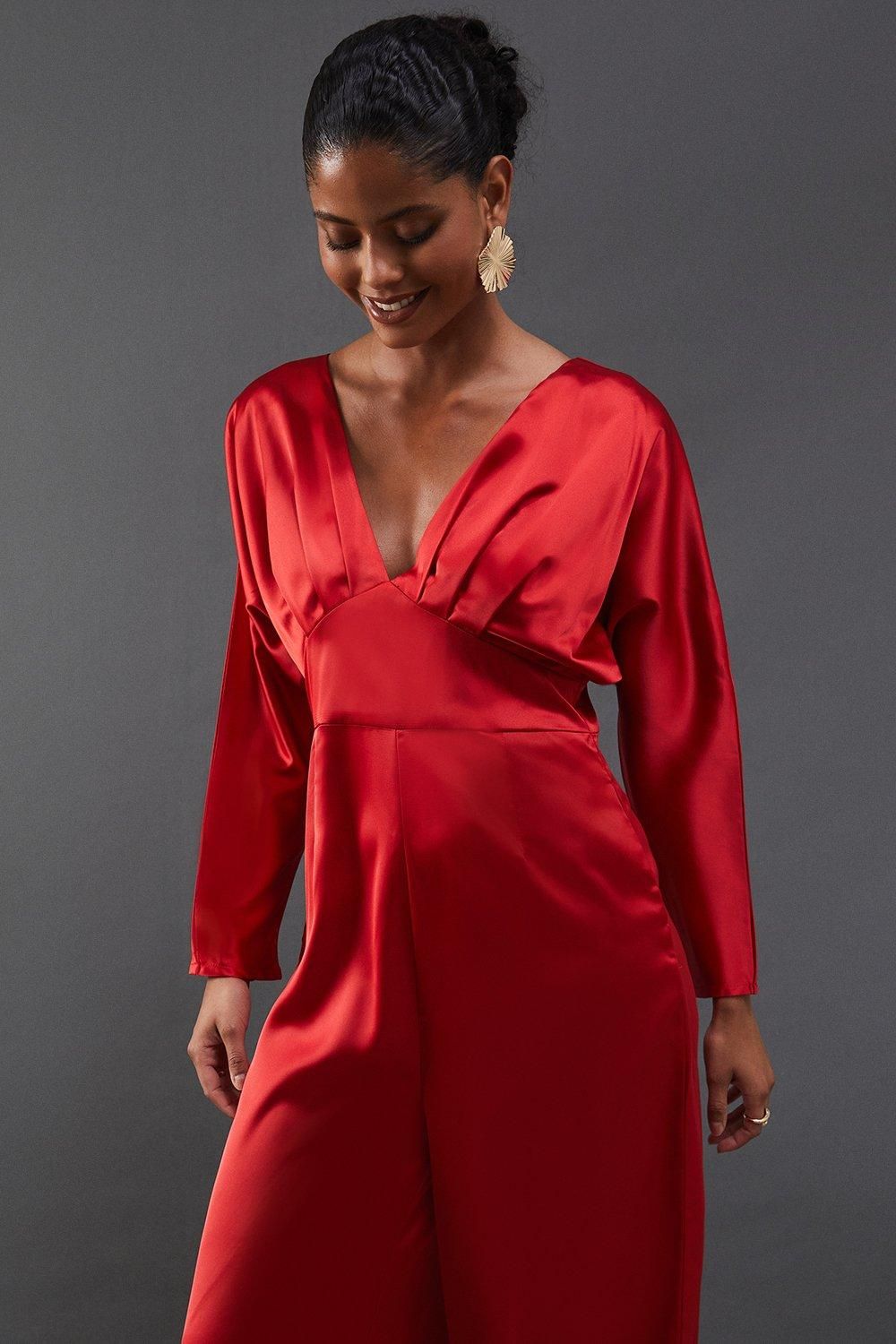 Warehouse Satin Batwing Wide Leg Jumpsuit Red image 4
