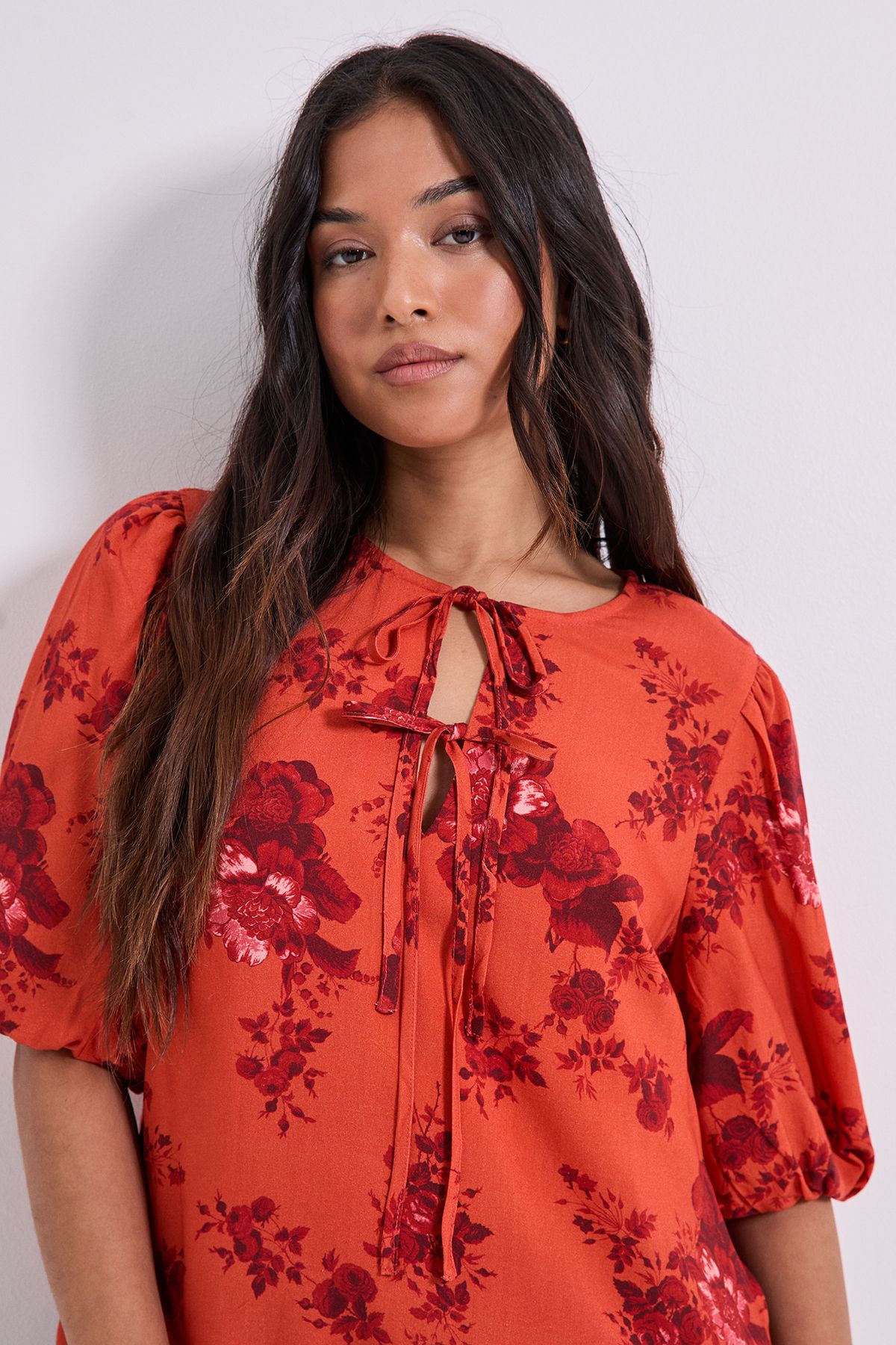 Dorothy Perkins Petite Tie Detail Puff Sleeve Printed Top Rust image 2