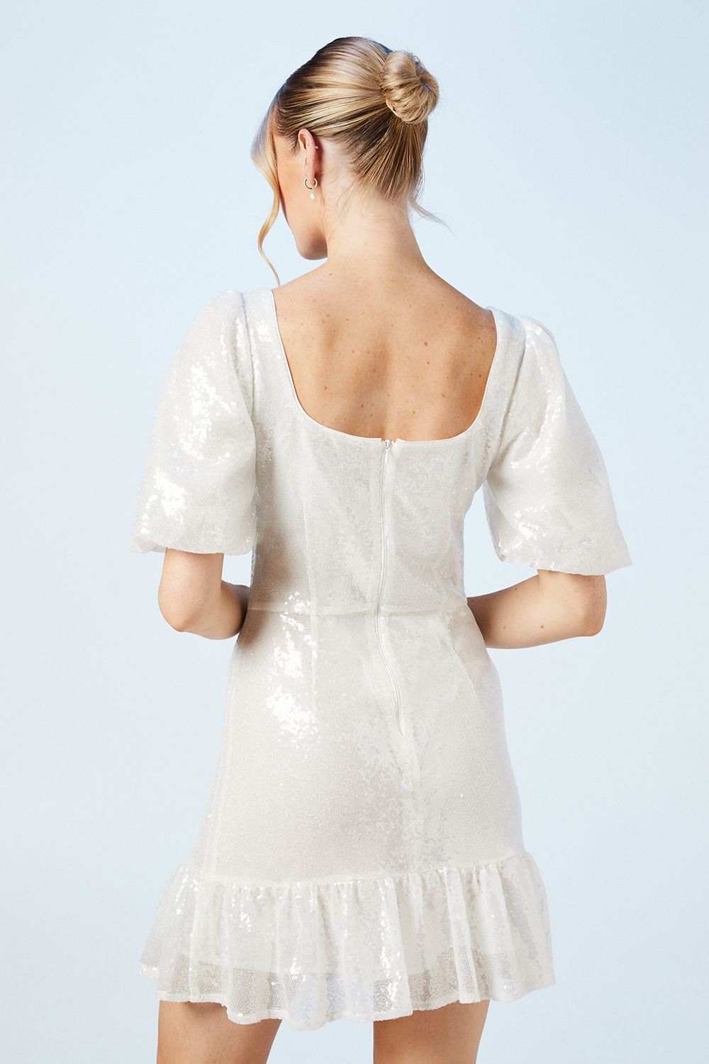 Oasis Sweetheart Puff Sleeve Sequin Bridal Mini Dress Ivory image 3