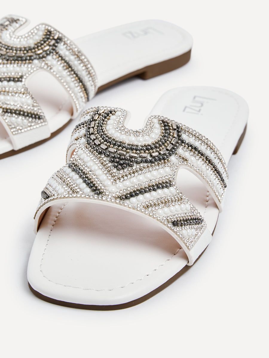 Linzi Indira White Faux Leather Aztec Design Embellished Slider Sandal image 4
