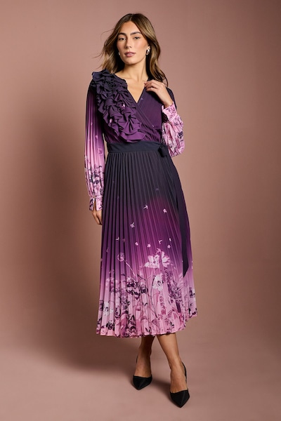 Coast 3D Floral Corsage Printed Georgette Wrap Dress Mauve