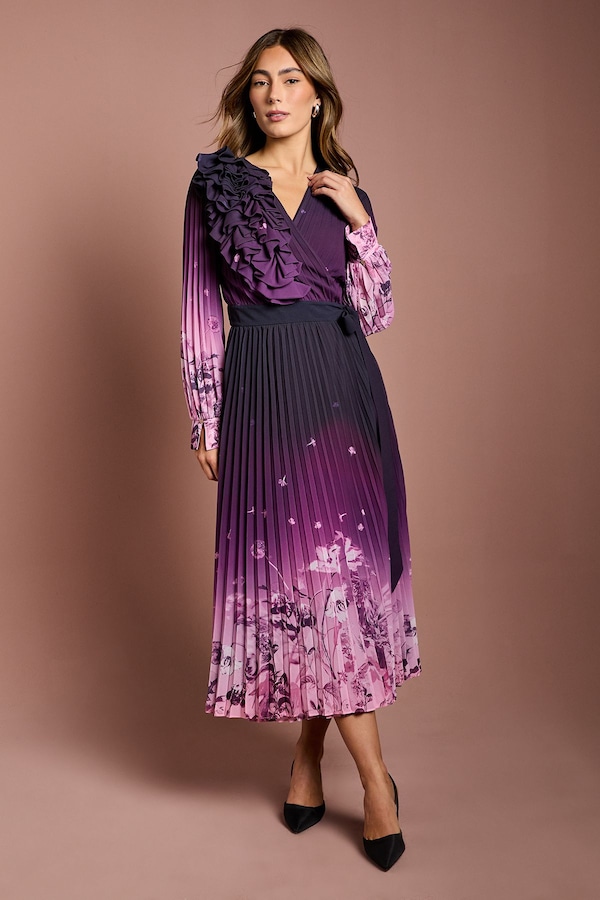 Coast 3D Floral Corsage Printed Georgette Wrap Dress Mauve
