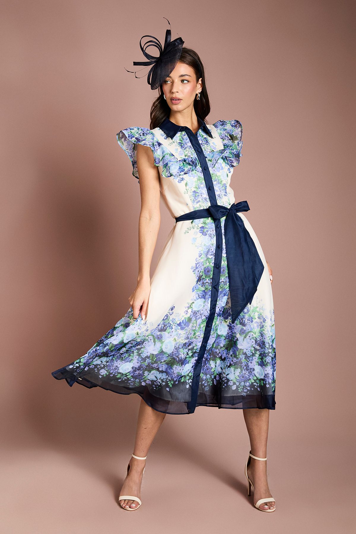 Coast (QM) Placement Print Frill Sleeve Belted Midi Dress Ivory