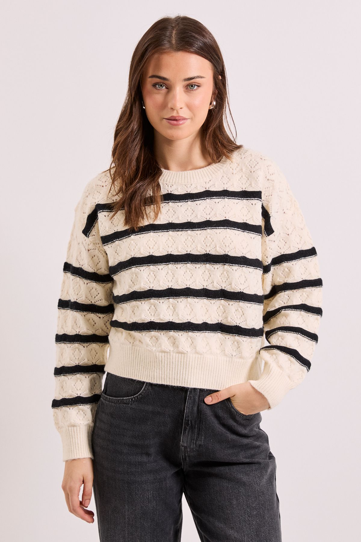 Dorothy Perkins Pointelle Stripe Jumper Ivory image 1