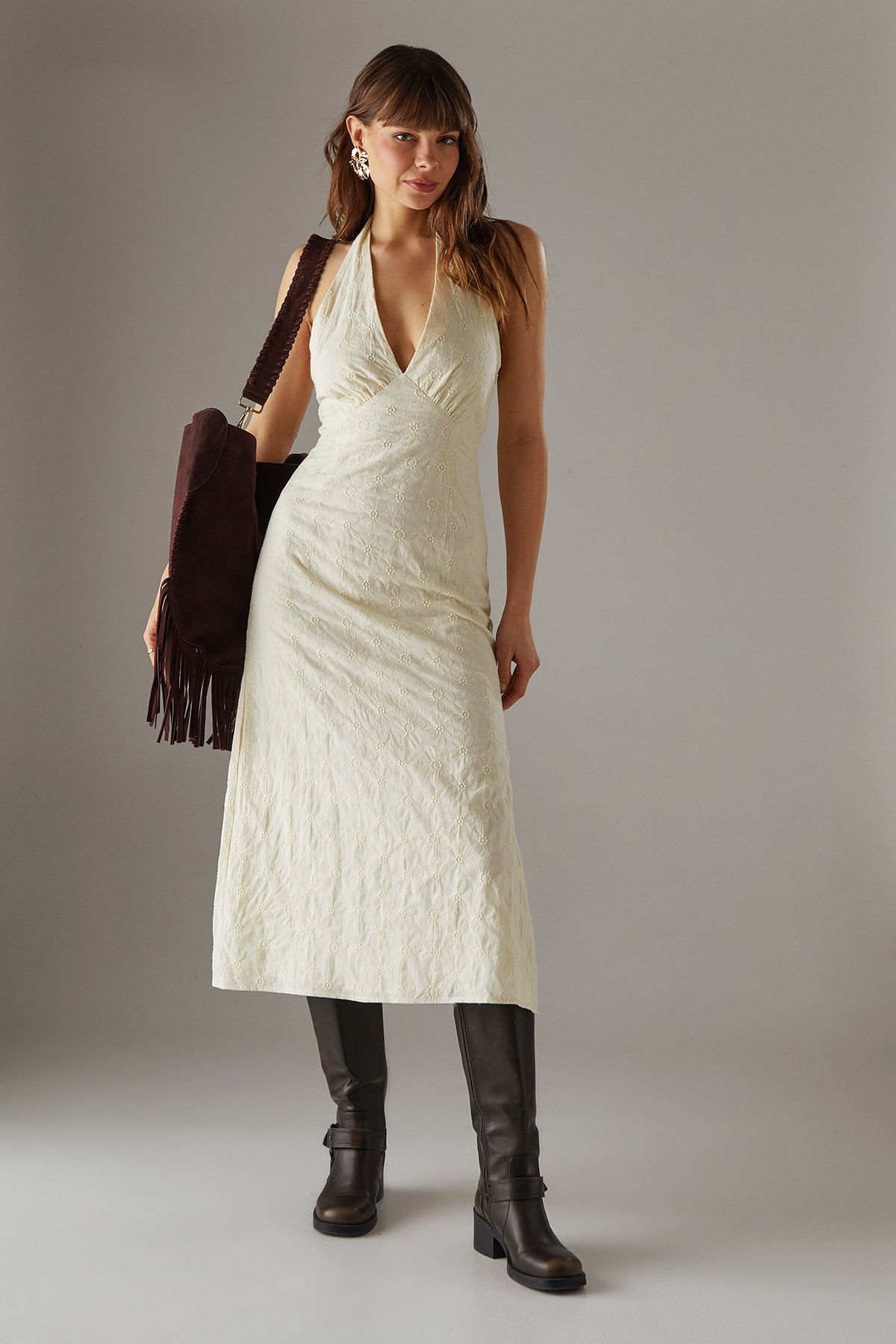 Warehouse Floral Cotton Halter Midi Sundress Cream image 1