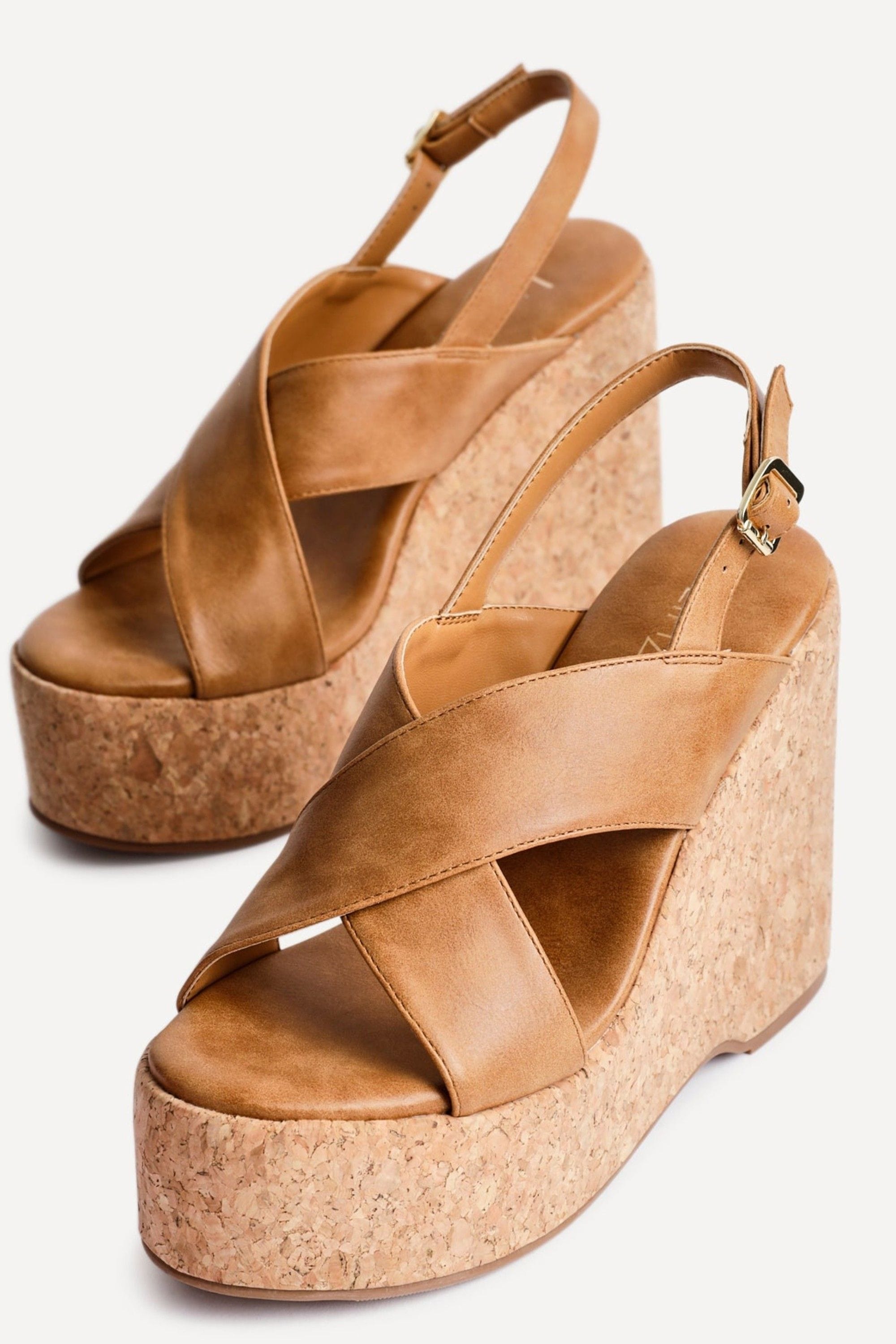 Linzi Santana Tan Faux Leather Crossover High Platform Cork Wedge image 5