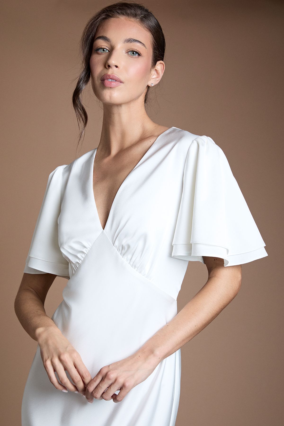 Oasis Deep V Fluted Sleeve Maxi Wedding Dress Ivory image 4