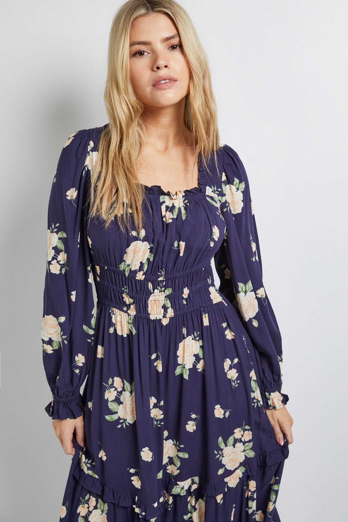 Dorothy Perkins Navy Floral Square Neck Blouson Sleeve Tiered Maxi Dress Navy image 2