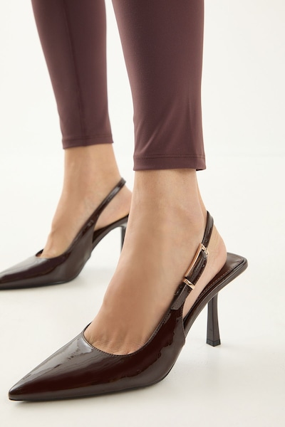 MissPap High Shine High Stiletto Heel Buckle Detail Slingback Court Shoes Brown