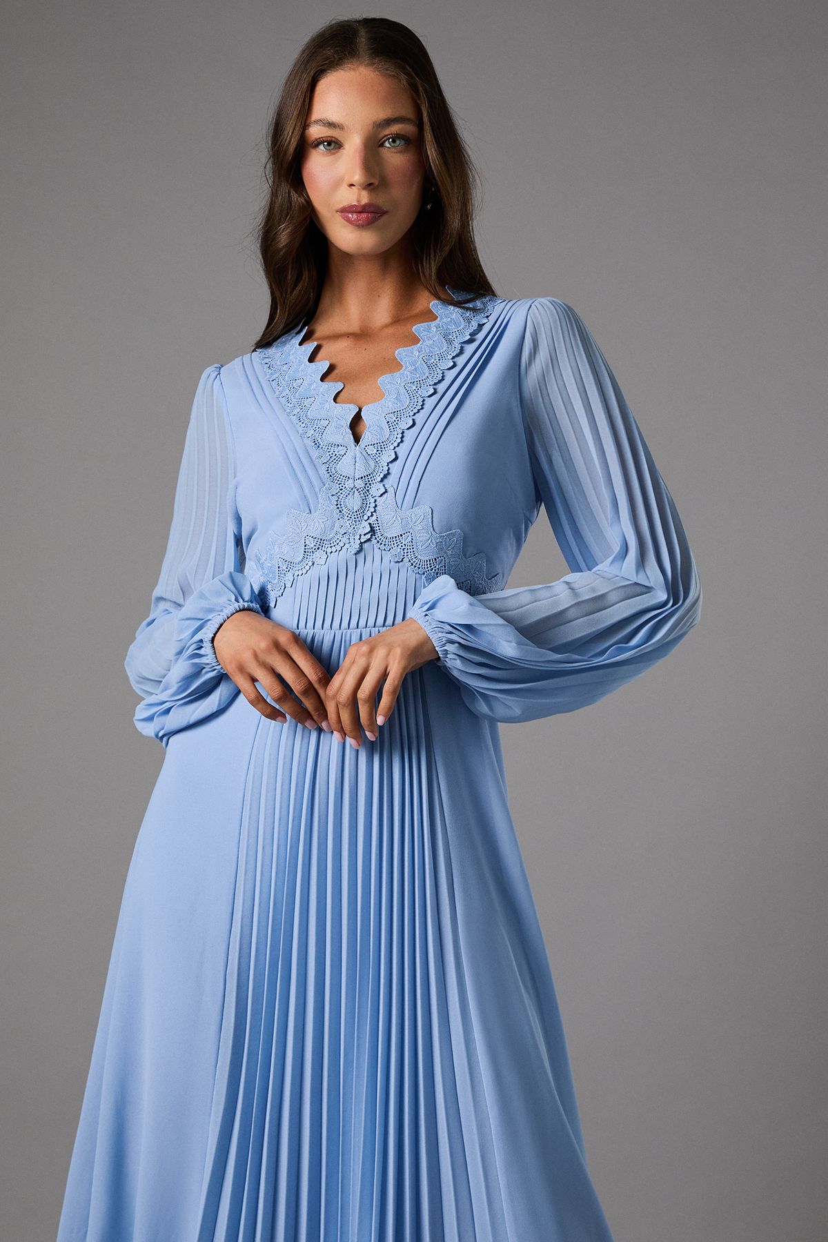 Coast Pleat Detail Lace Trim Maxi Dress Blue image 2