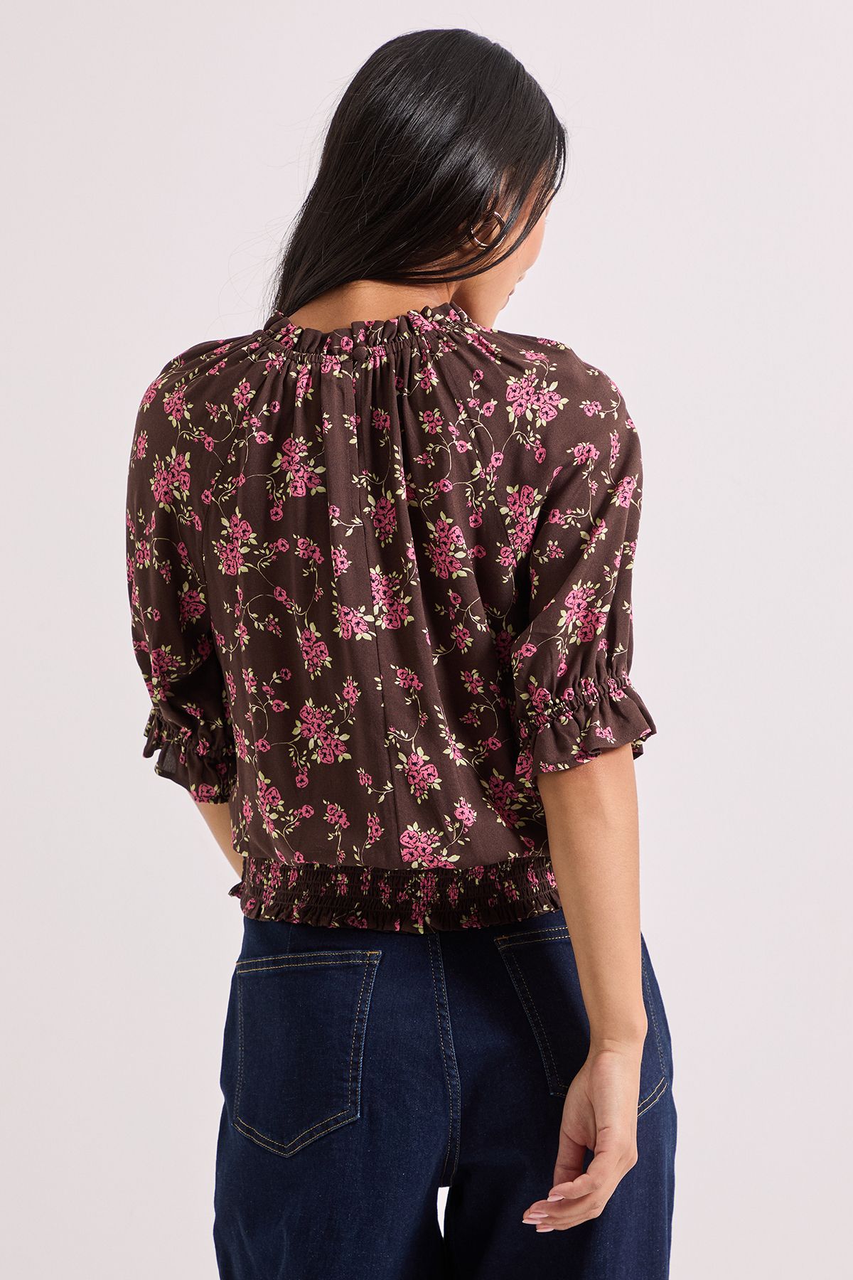 Dorothy Perkins Petite Frill Neck Shirred Cuff Blouse Chocolate image 3