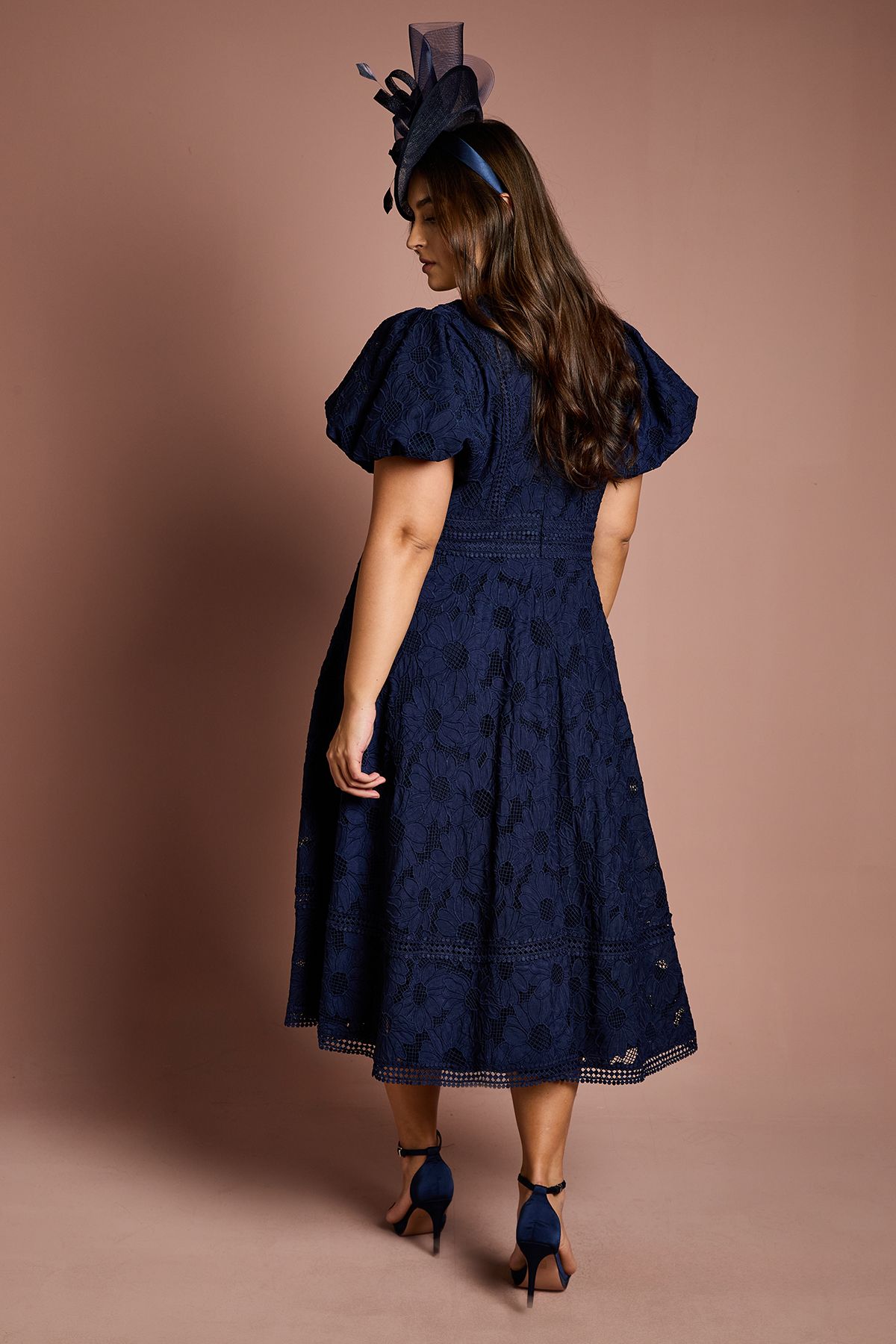 Coast Plus Lace Midi Dress With Puff Sleeve Navy image 3