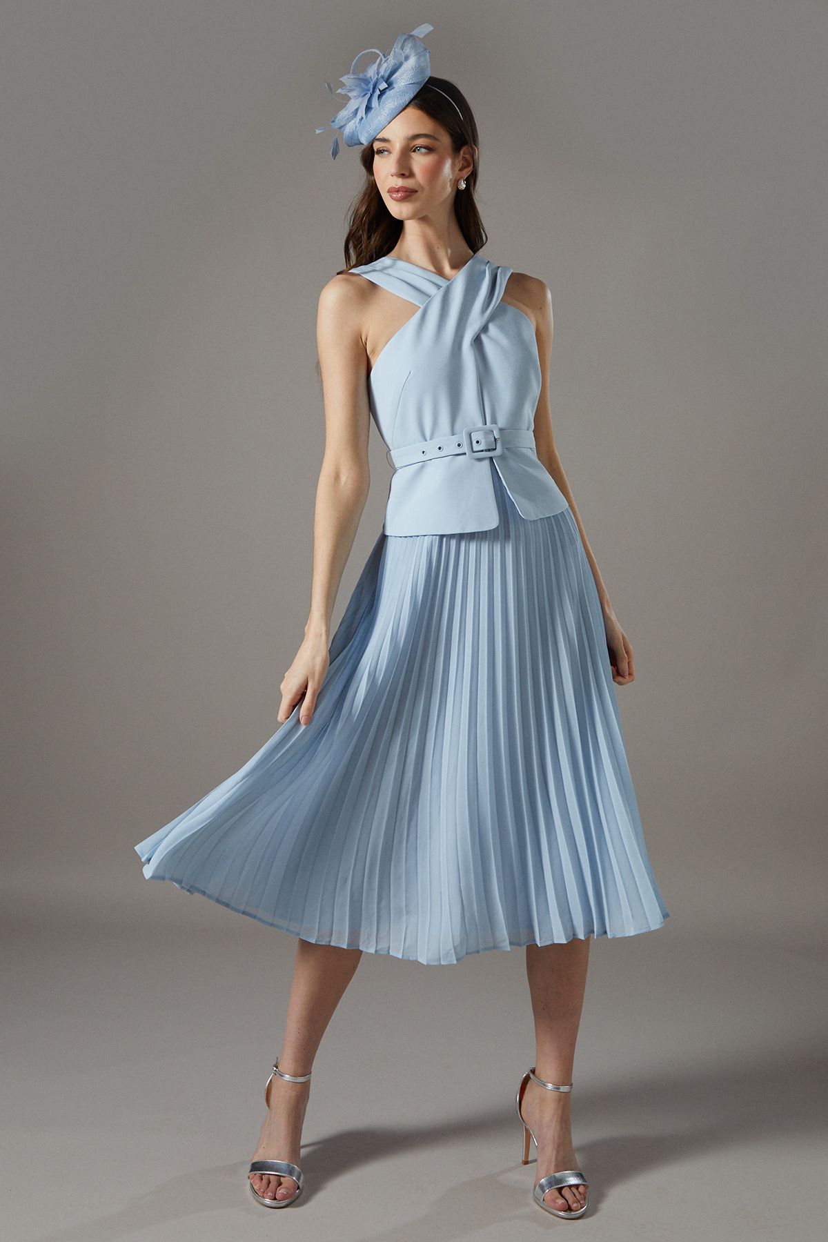 Coast Petite Cross Over Neck Pleated Midi Dress Light Blue image 1