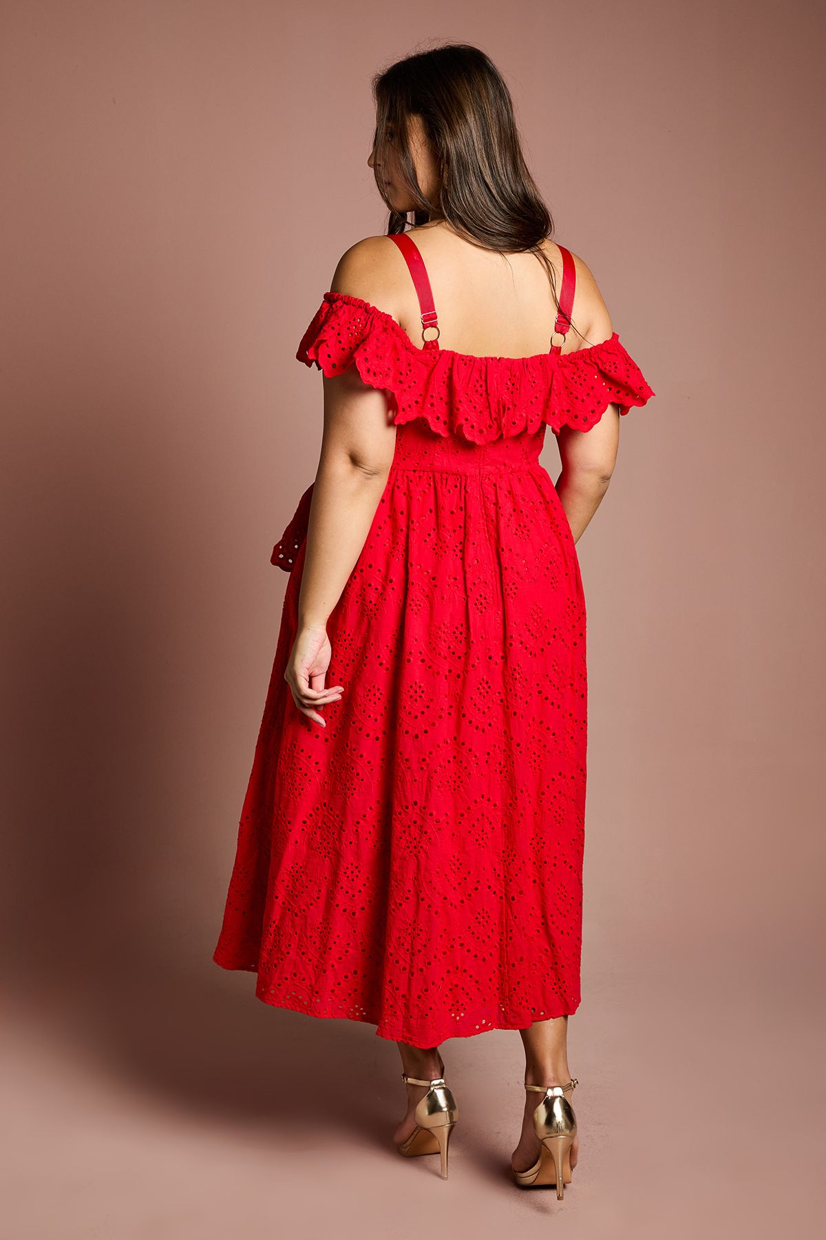 Coast Plus Strappy Cold Shoulder Broderie Frill Midi Dress Red image 3