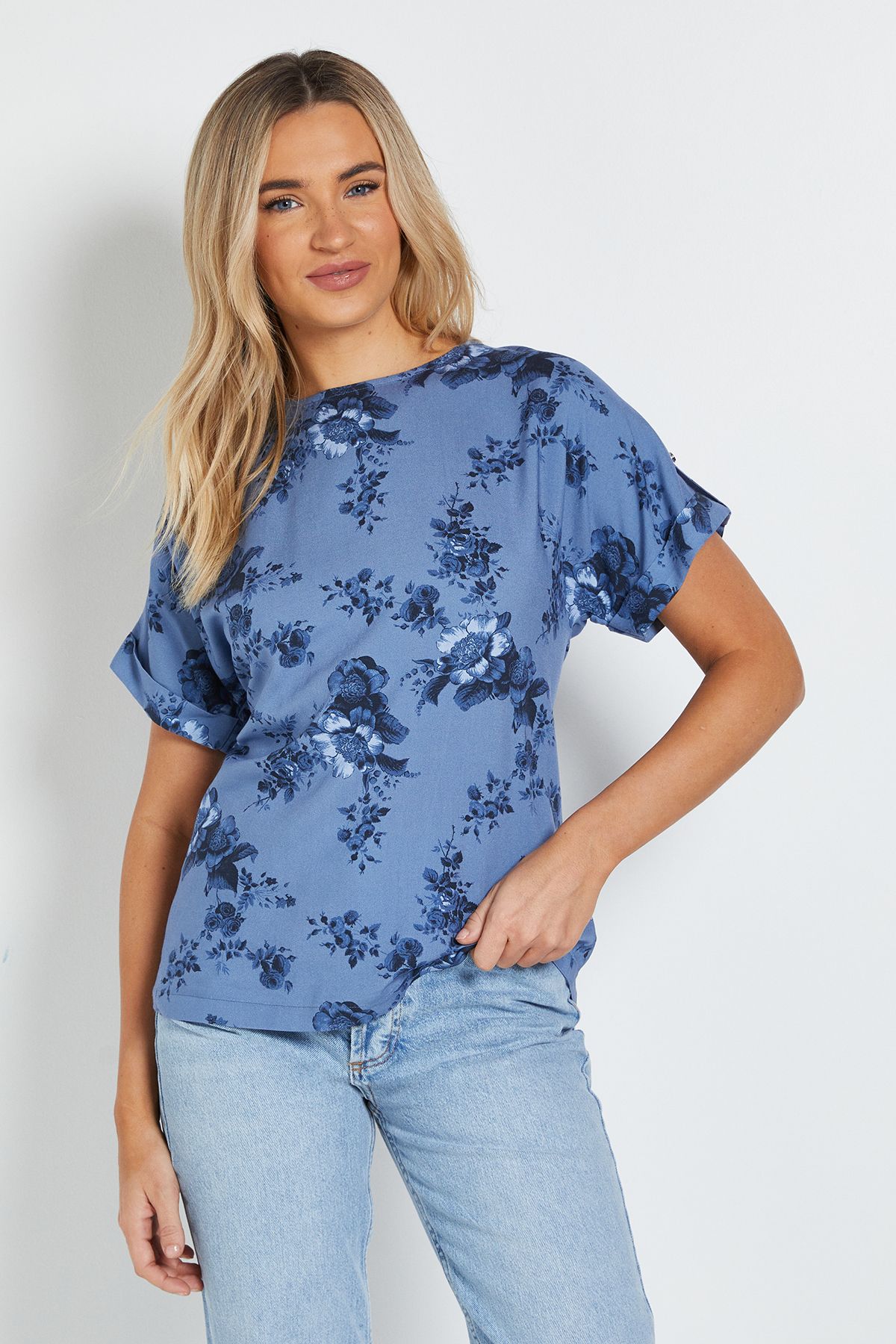 Dorothy Perkins Blue Floral Printed Roll Sleeve Blouse Floral