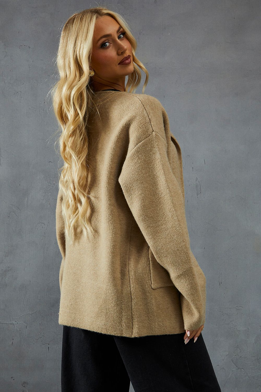 MissPap Premium Knitted Scarf Detail Longline Cardigan Taupe image 3