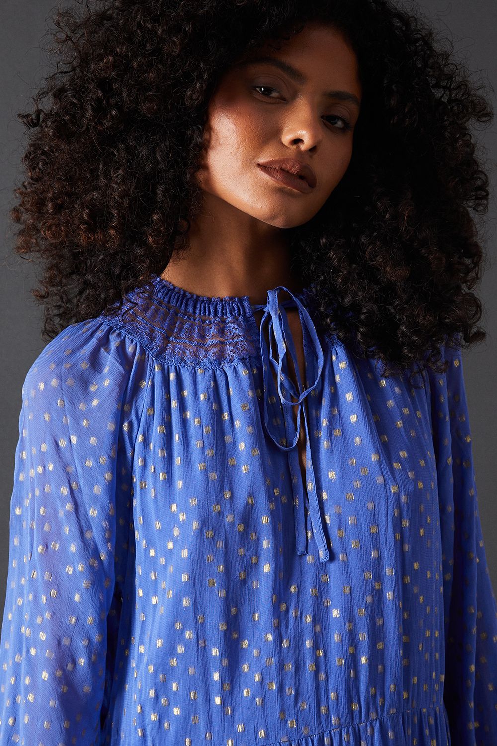 Warehouse Metallic Jacquard Dobby Lace Insert Midi Smock Dress Blue image 2