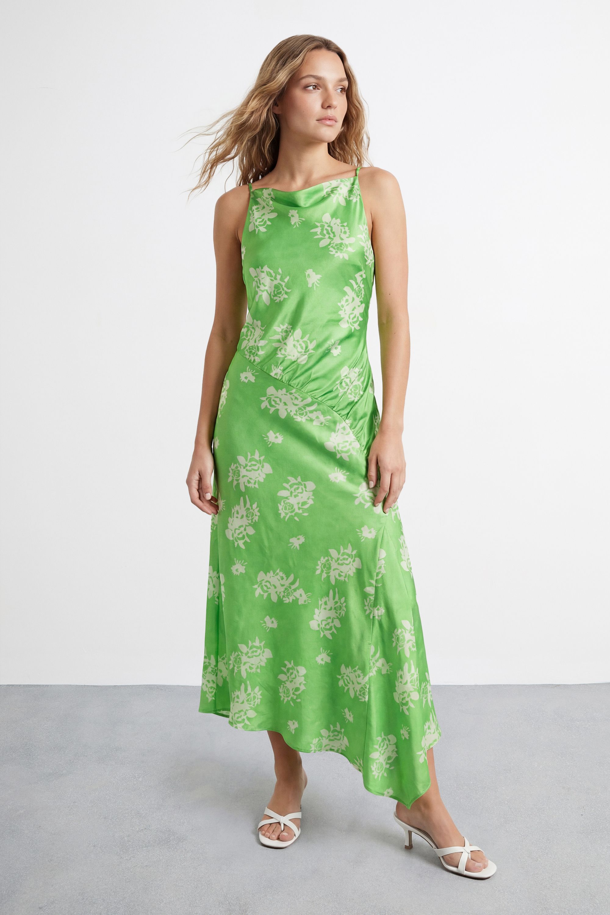 Warehouse Floral Printed Racer Neck Seam Detail Bias Maxi Dress Green
