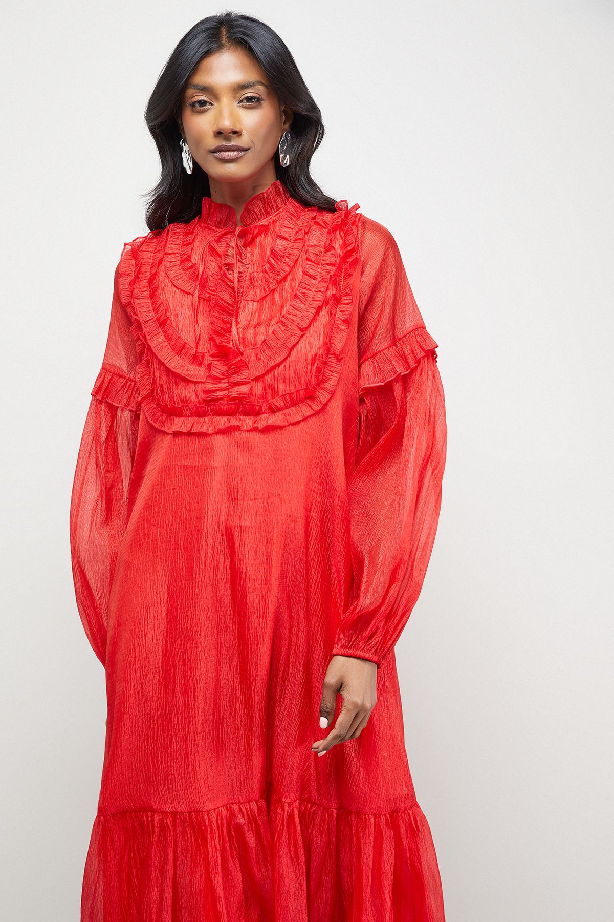 Warehouse Premium Crinkle Stripe Organza Frill Pleat Detail Midi Dress Red image 4