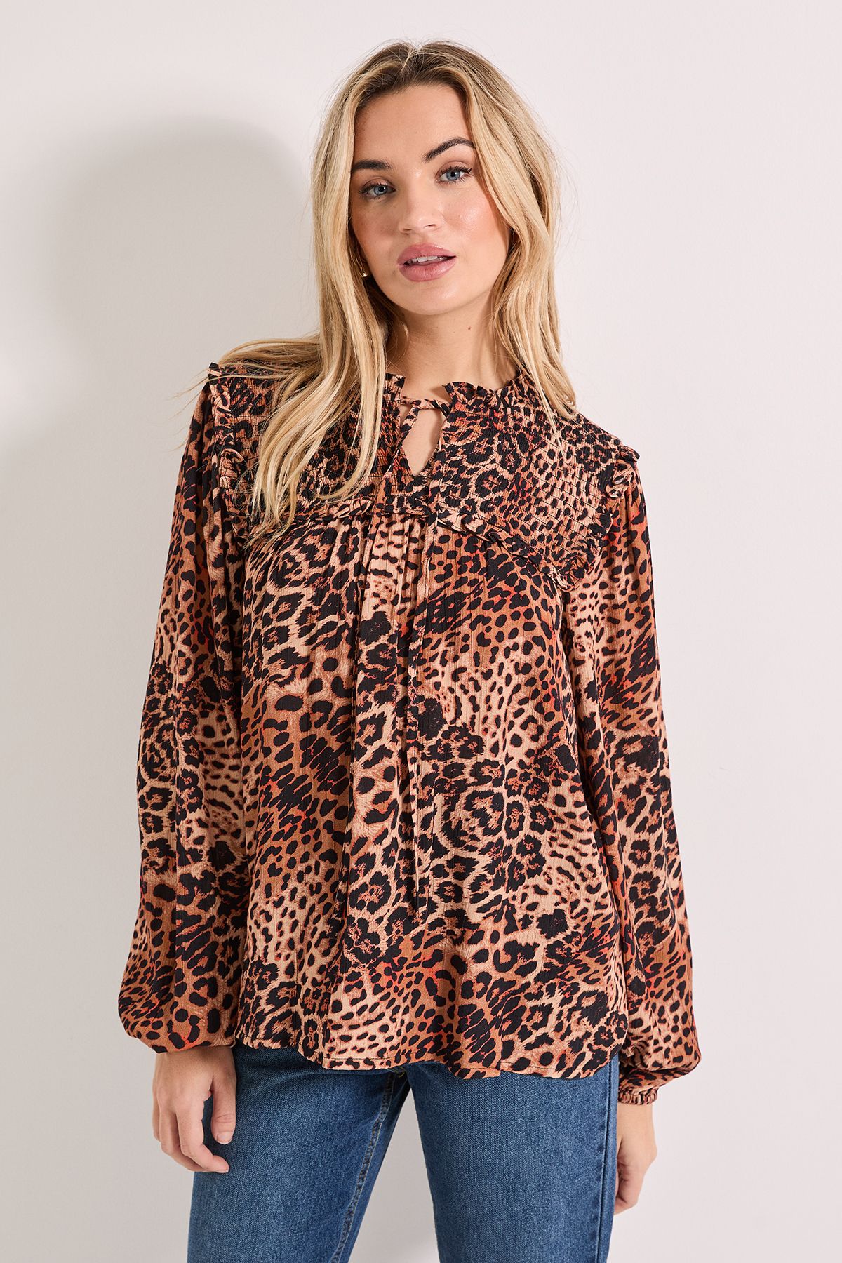 Dorothy Perkins Leapord Smocked Yoke Tie Detail Blouson Sleeve Printed Top Leopard