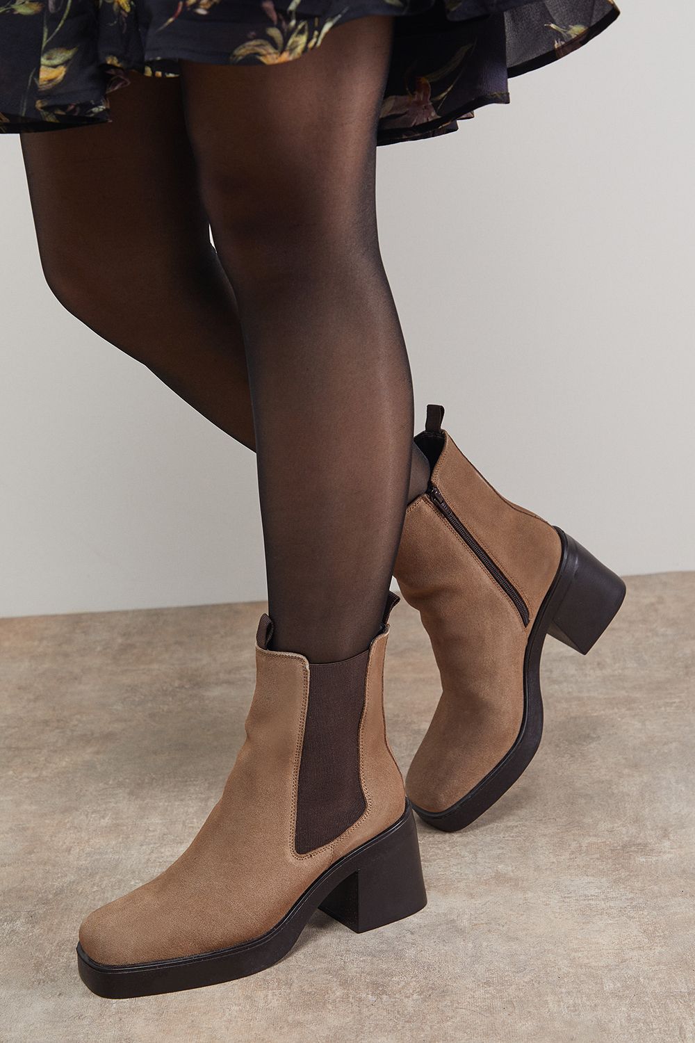 Oasis Barbara Suede Chunky High Heeled Chelsea Boots Taupe image 2