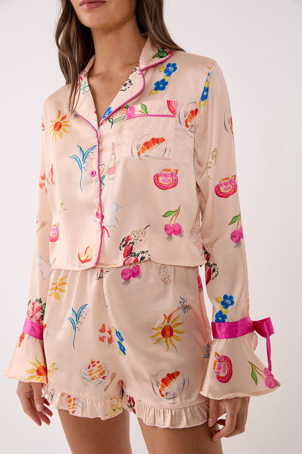 NastyGal Satin Conversational Contrast Tie Cuff Ruffle Pajama Shorts Set Champagne image 1