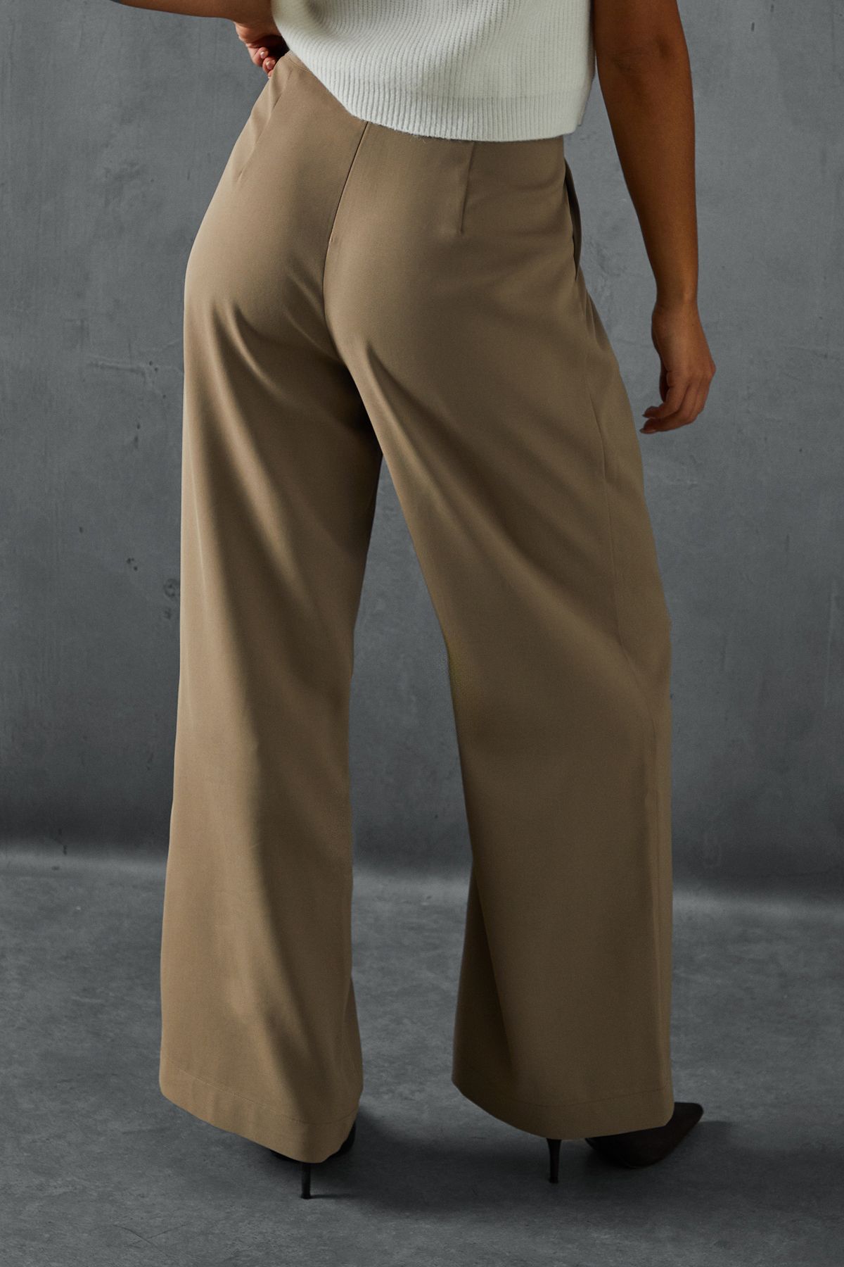MissPap Wide Leg Asymmetric Waistband Trousers Stone image 3
