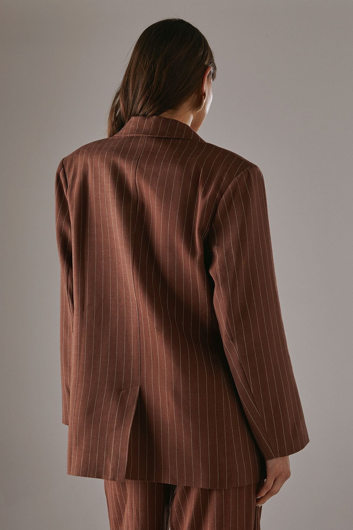 Warehouse Linen Look Pinstripe Blazer Chocolate image 3