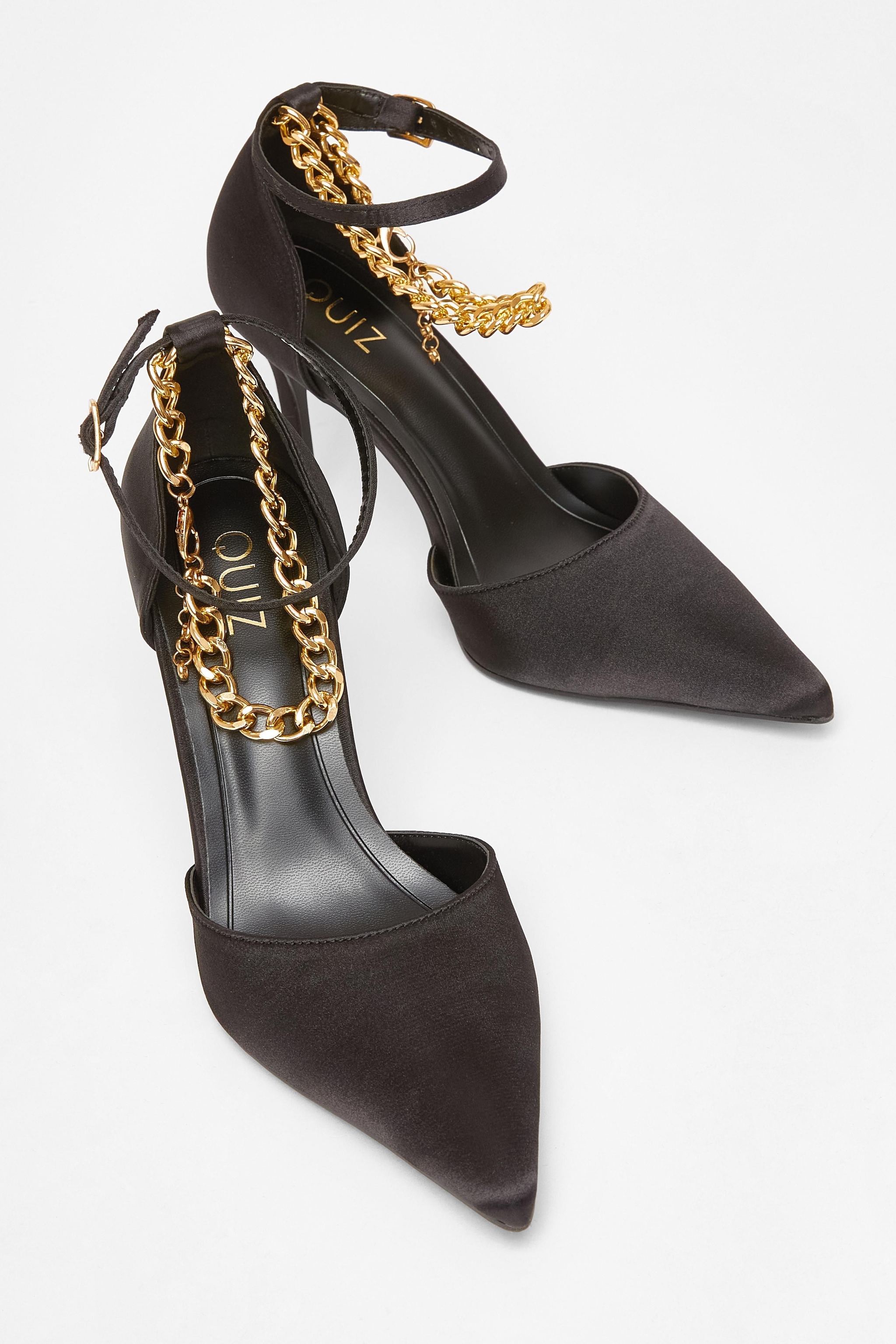 Quiz Black Satin Chain Strap Court Heels image 2