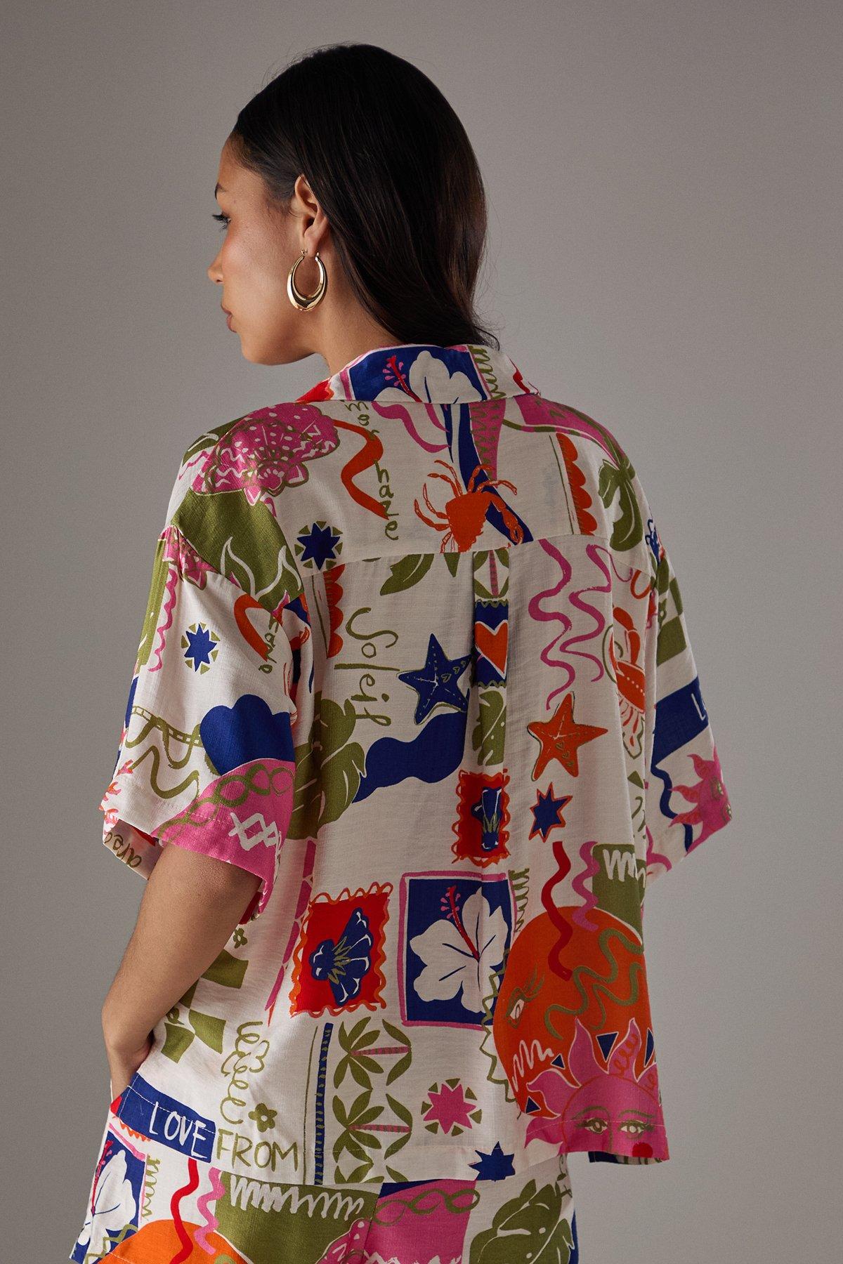 Warehouse HCD Postcard Print Boxy Oversized Shirt Multi image 3