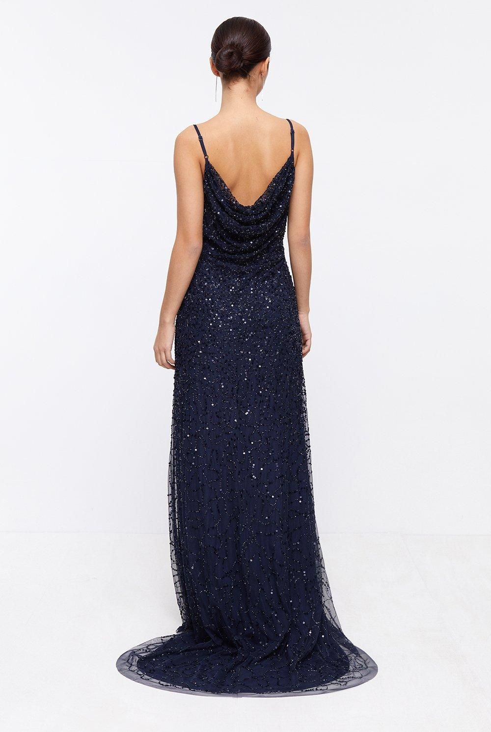 Coast Petite Cowl Neck Strappy Sequin Maxi Dress Navy image 3