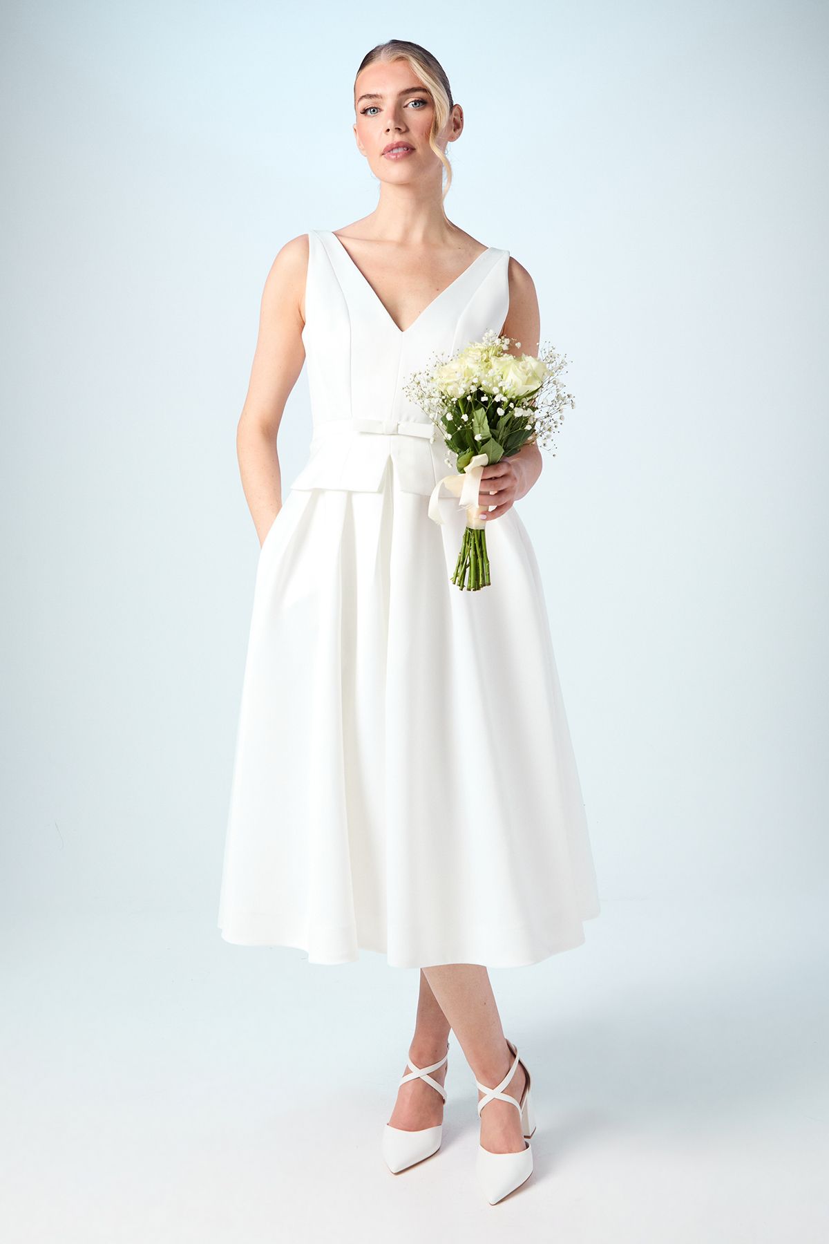 Coast V Neck Bow Detail Full Skirted Midi Wedding Dress Ivory image 1