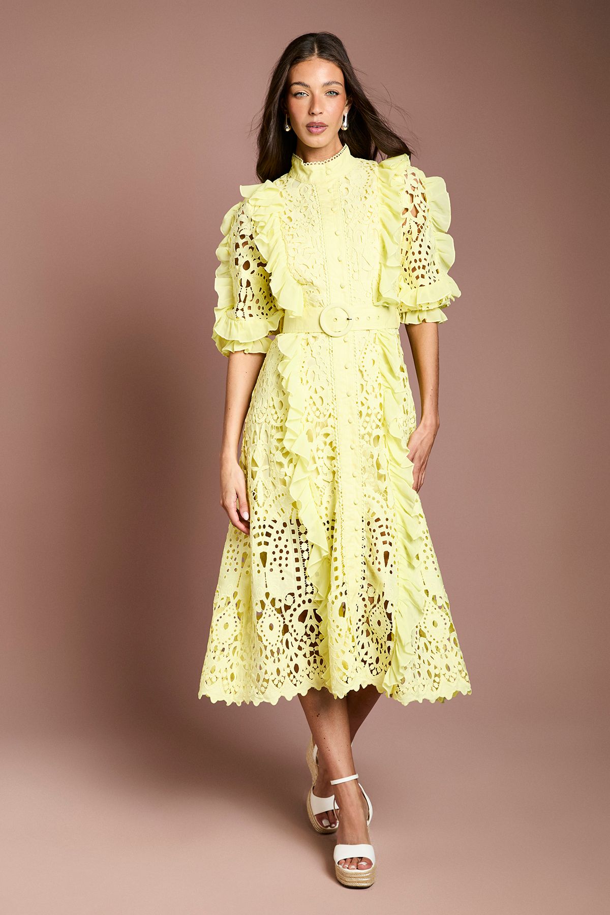 Coast Lace Ruffle Shirt Dress With Tie Yellow