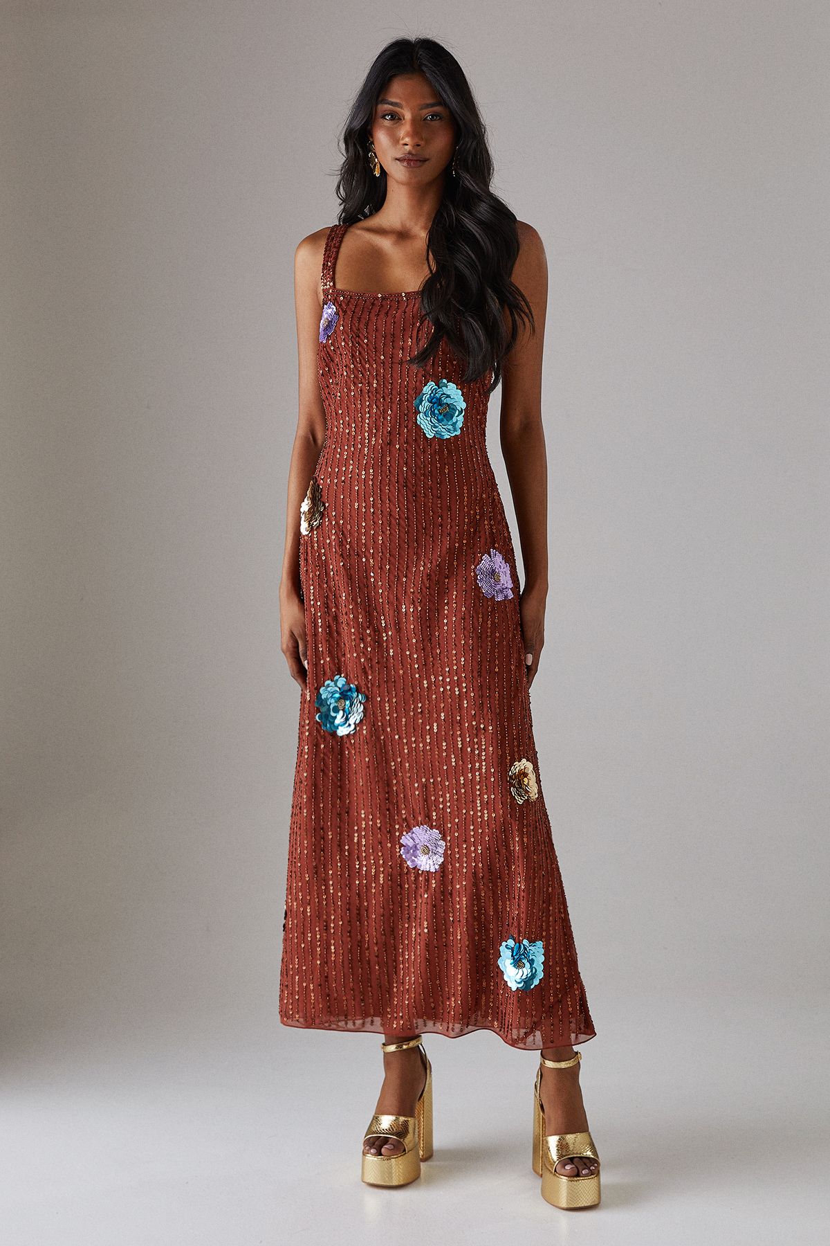 Warehouse Hand Embellished Flower Burst Strappy Sequin Slip Midi Dress Rust image 1