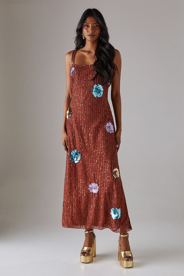 Warehouse Hand Embellished Flower Burst Strappy Sequin Slip Midi Dress Rust