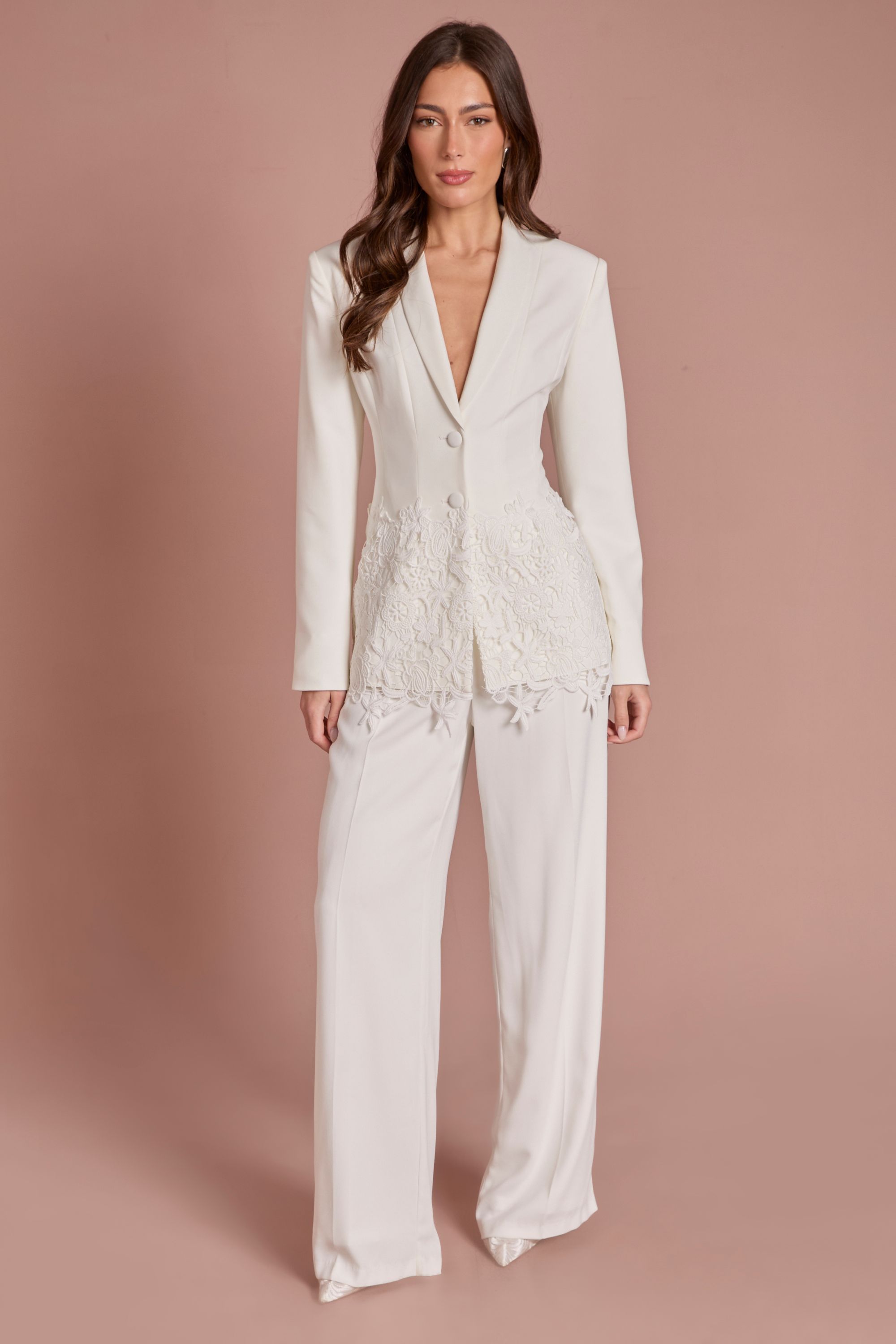 Coast Single Breasted Lace Trim Fitted Blazer Ivory