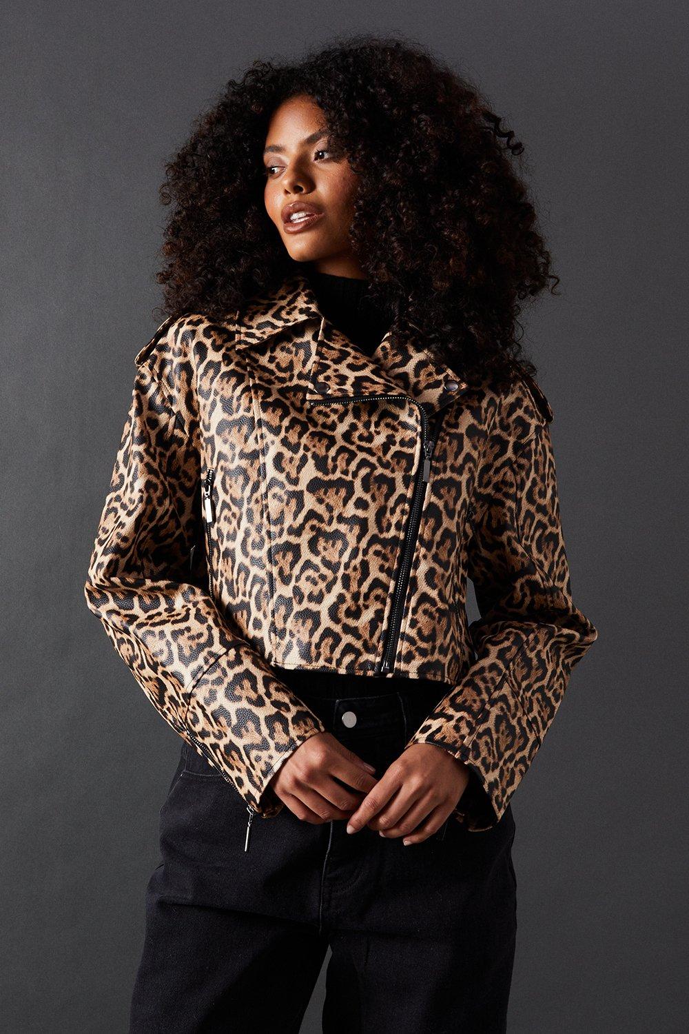 Warehouse Animal Oversized Biker Jacket Leopard image 4