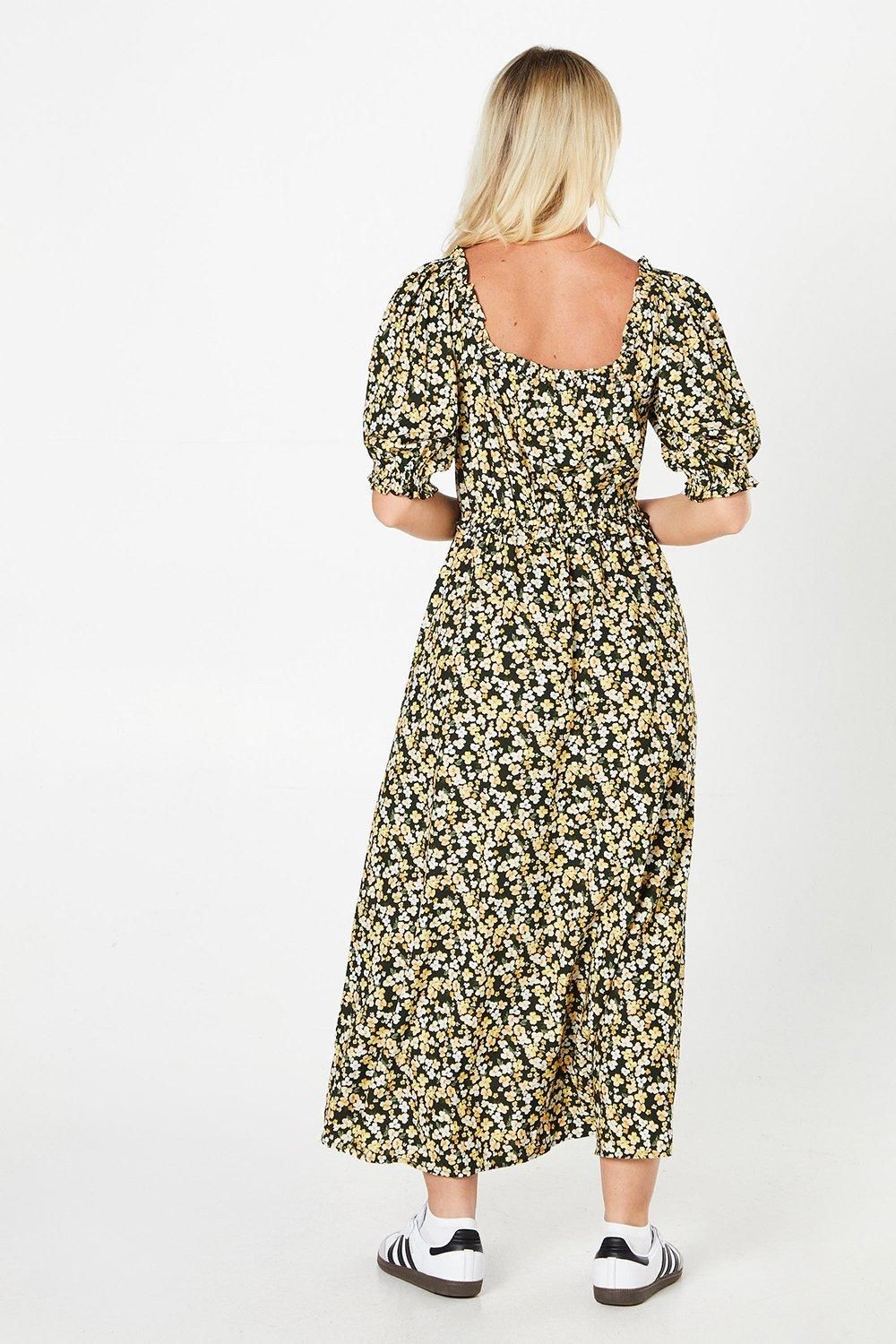 Dorothy Perkins Ditsy Puff Sleeve Ruched Font Midi Dress Black image 3