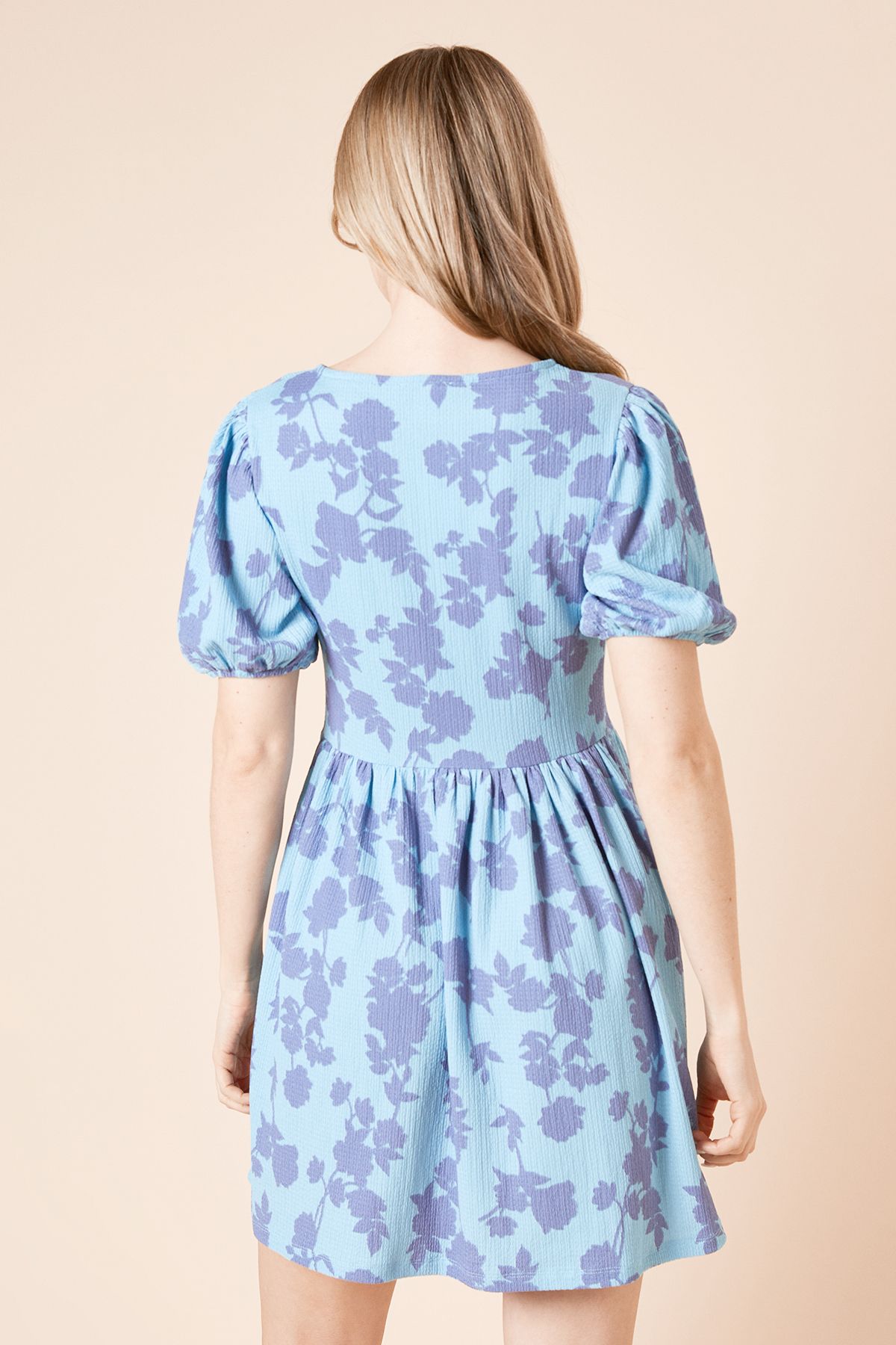 Dorothy Perkins Blue Floral Bow Tie Front Puff Sleeve Jersey Mini Dress Blue image 4