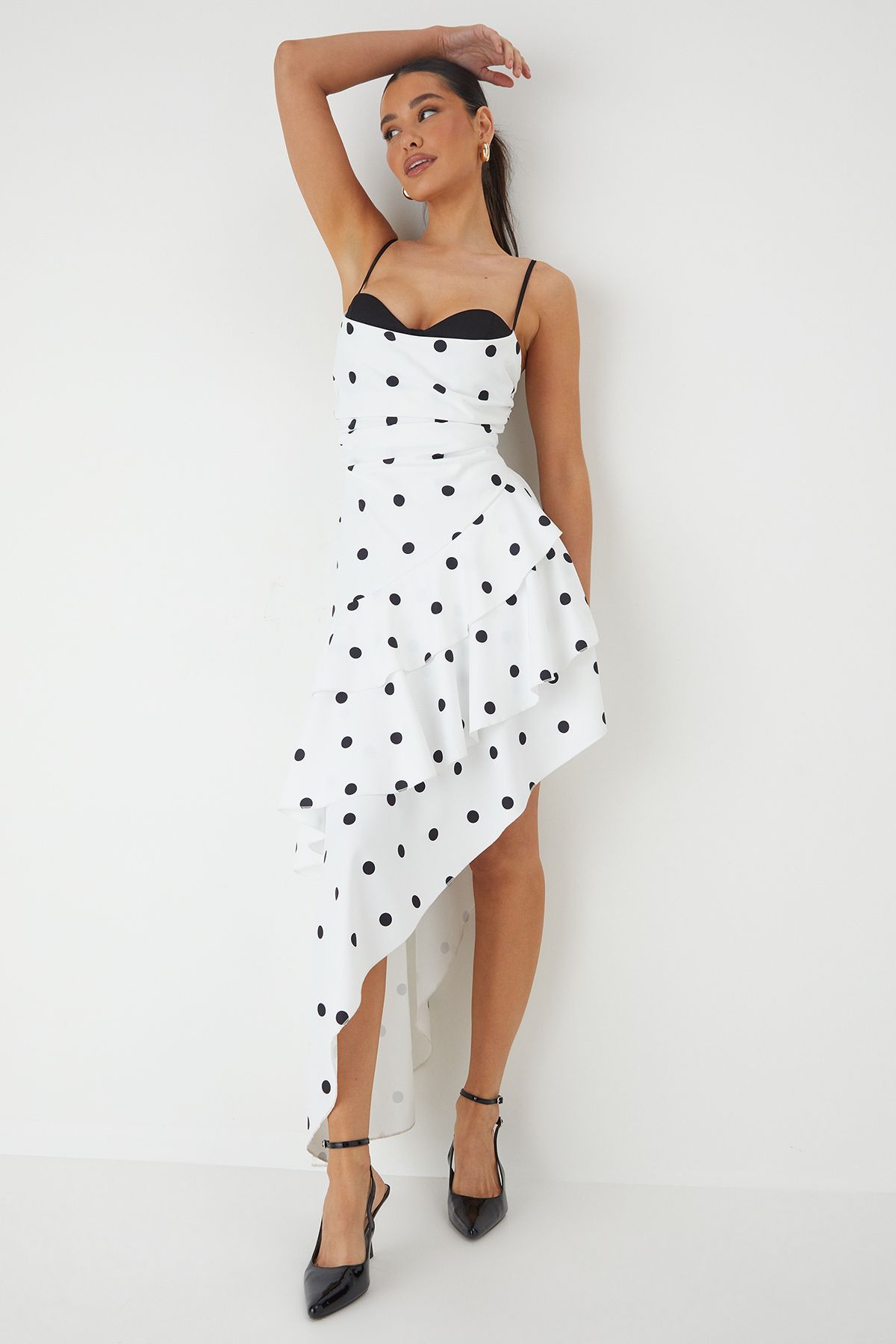 MissPap Polka Dot Layered Frill Maxi Dress Ivory image 1